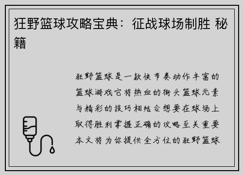 狂野篮球攻略宝典：征战球场制胜 秘籍